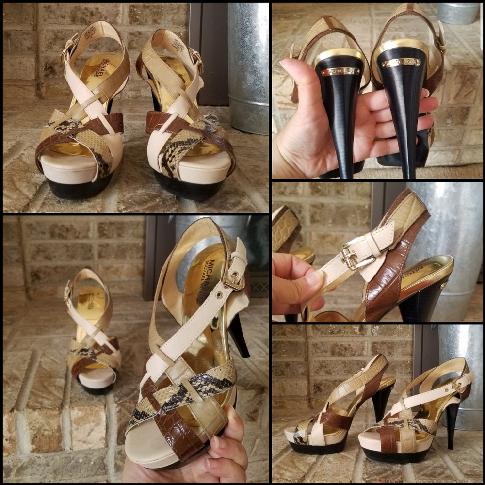 AUTHENTIC Michael Kors Beige Snakeskin Brown Black Leather Platform Sandals - Picture 3 of 11
